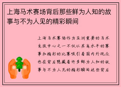 上海马术赛场背后那些鲜为人知的故事与不为人见的精彩瞬间